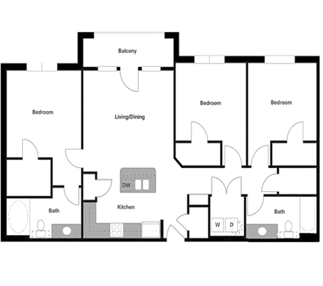 Floor plan for 3 beds, 2 baths, 1180 sqft